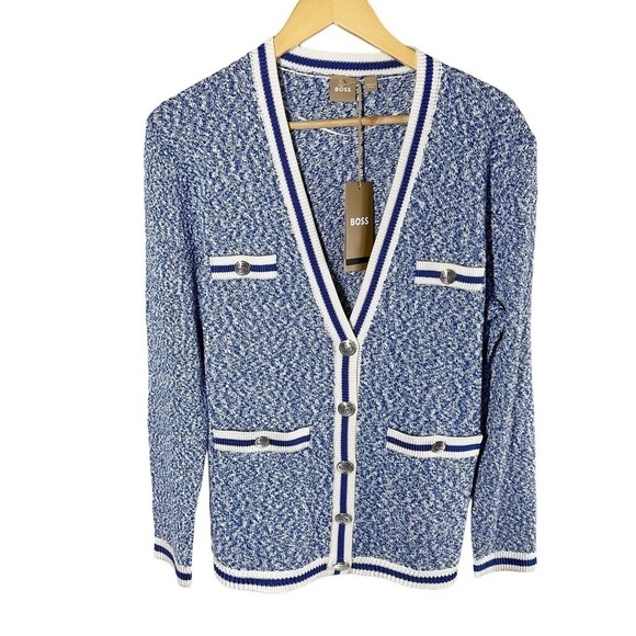 Hugo Boss Folonia Boucle Stripe Cardigan Surf Melange Size Medium - Picture 1 of 14